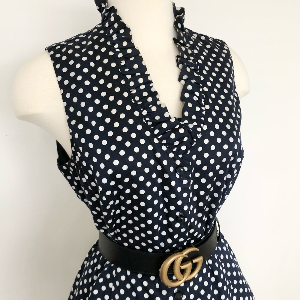 Navy Blue White Polka Dot V-Neck Ruffle Dress - Picture 3 of 9